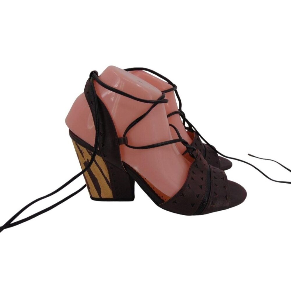 Anthropologie Faryl Robin Caley Lace Up Ankle Tie Heels 9.5 Chunky Heel Laser - Picture 13 of 13